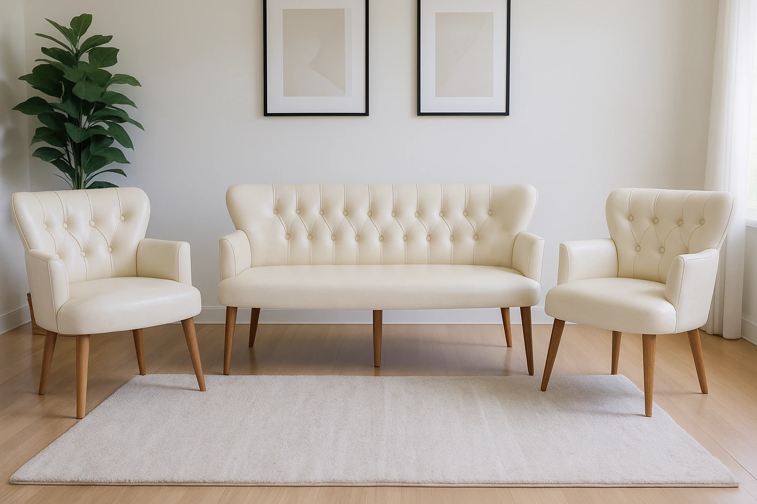 Modern Chester Tarzı 3’lü Çay Seti Koltuk Takımı 3+1+1 – Deri, Ahşap Ayaklı - Krem