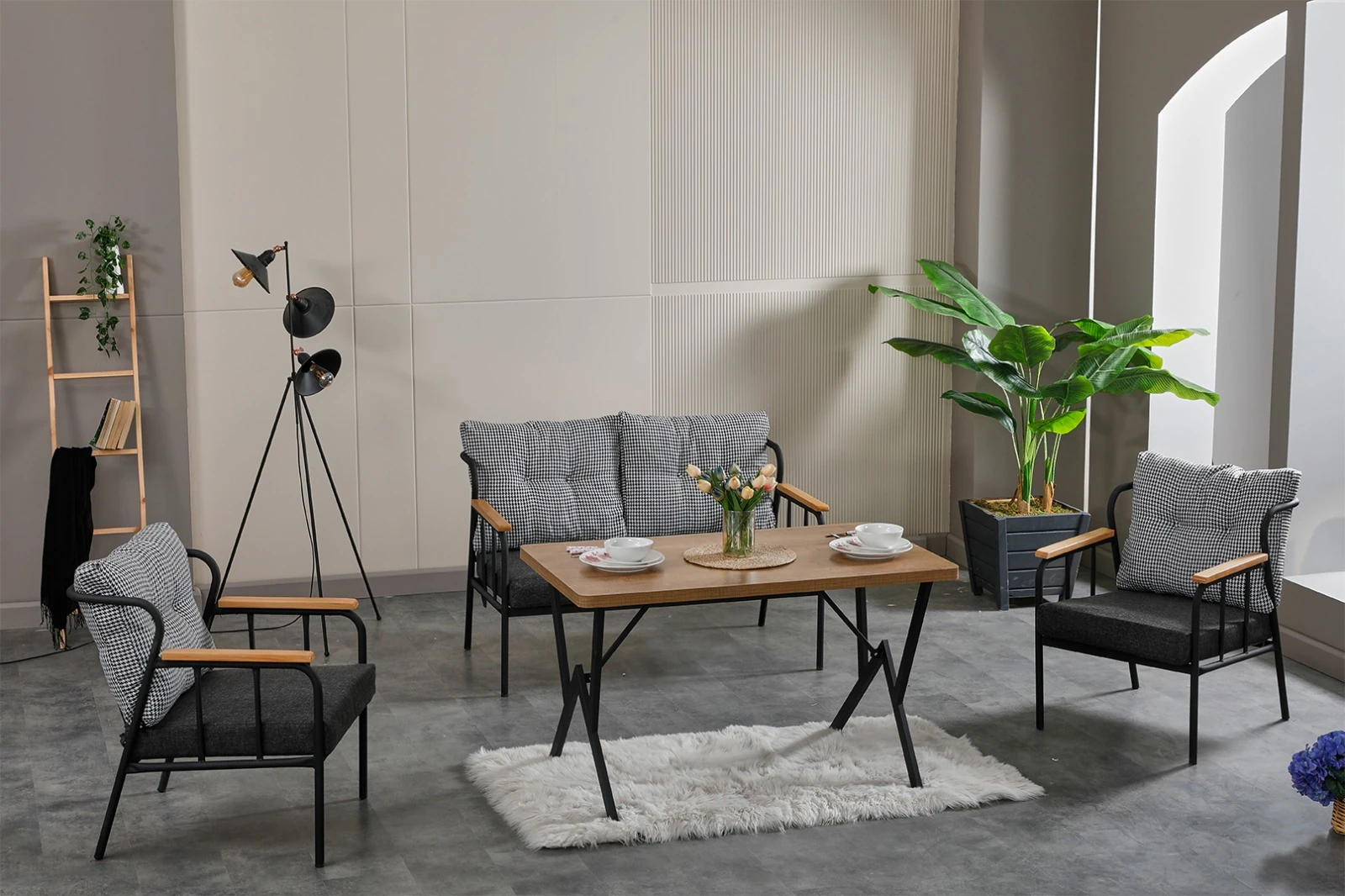 Paris Ahşap Kollu Modern Bahçe Balkon Salon Oturma Grubu Takımı 