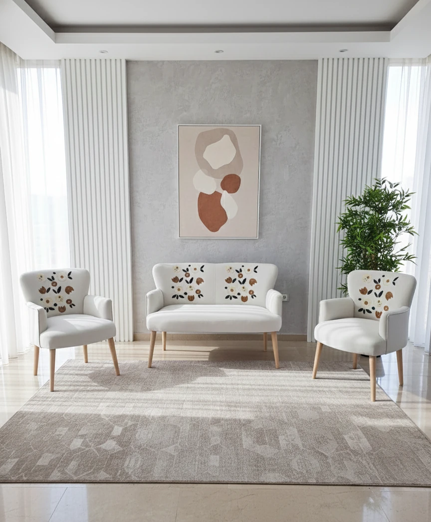 Punch İşlemeli Çay Seti Koltuk Takımı - Şönil Kumaş - Modern Balkon Takımı - Çiçek Desen