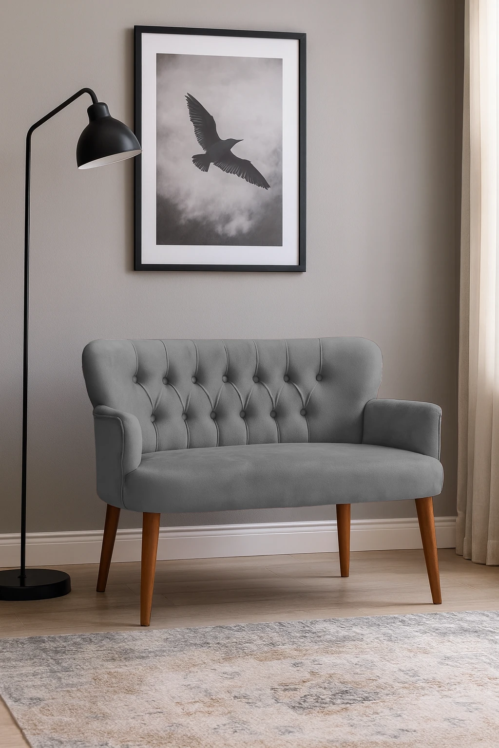 Roma Modern İkili Koltuk - Babyface Kumaş - Ahşap Ayak - Gri