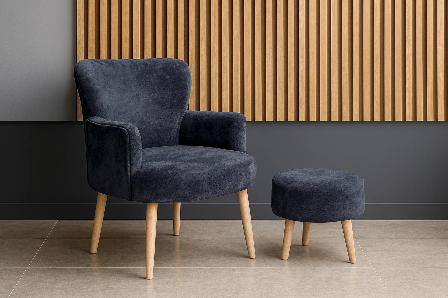 Roma Berjer + Puf Set - Welsoft Yumuşak Kumaş - Ahşap Ayak - Antrasit