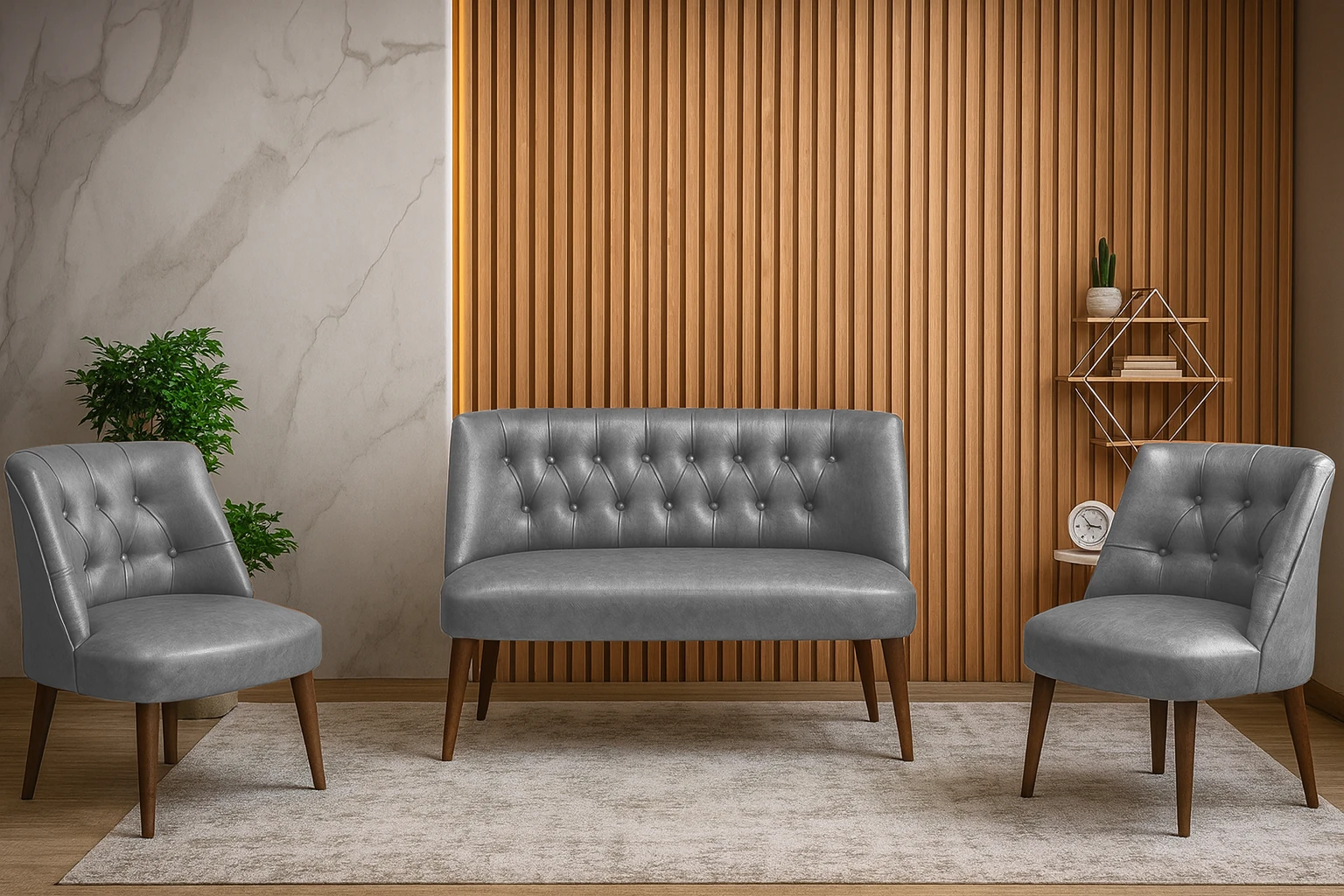 Milano Çay Seti Koltuk Takımı - Ofis Takımı - Deri Kumaş - 2+1+1 - Gri