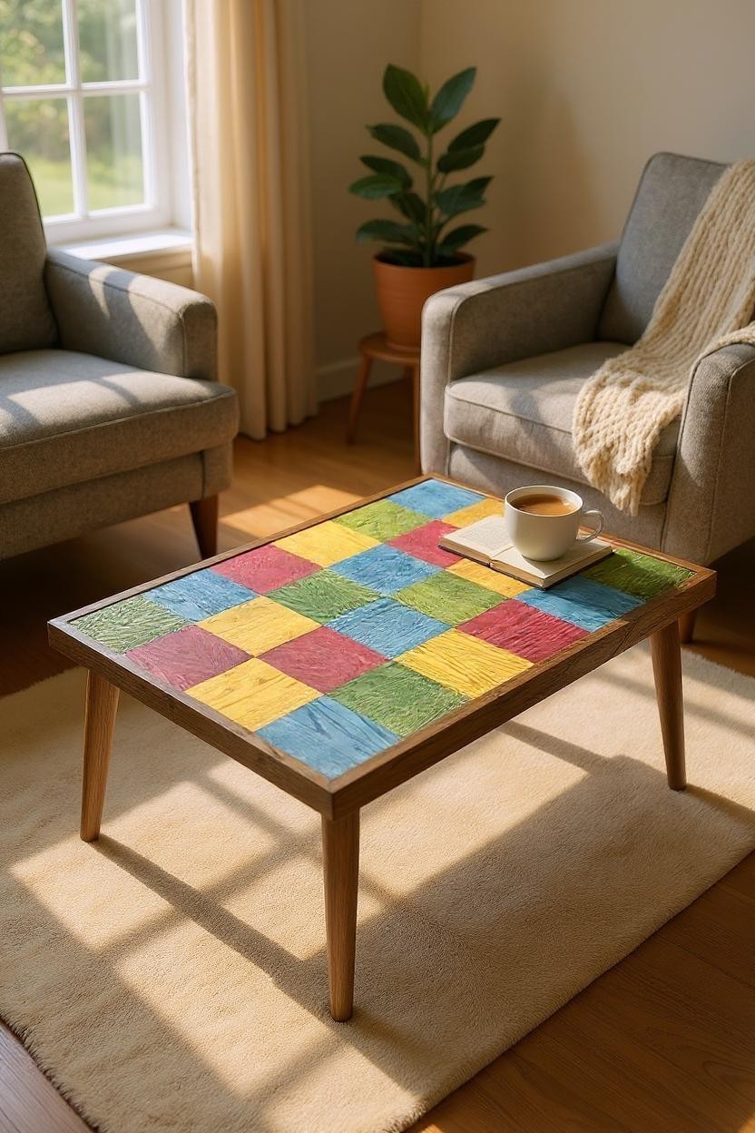 Azra Mobilya Çok Renkli Modern Ahşap Orta Sehpa – Patchwork Desenli Retro Tasarım