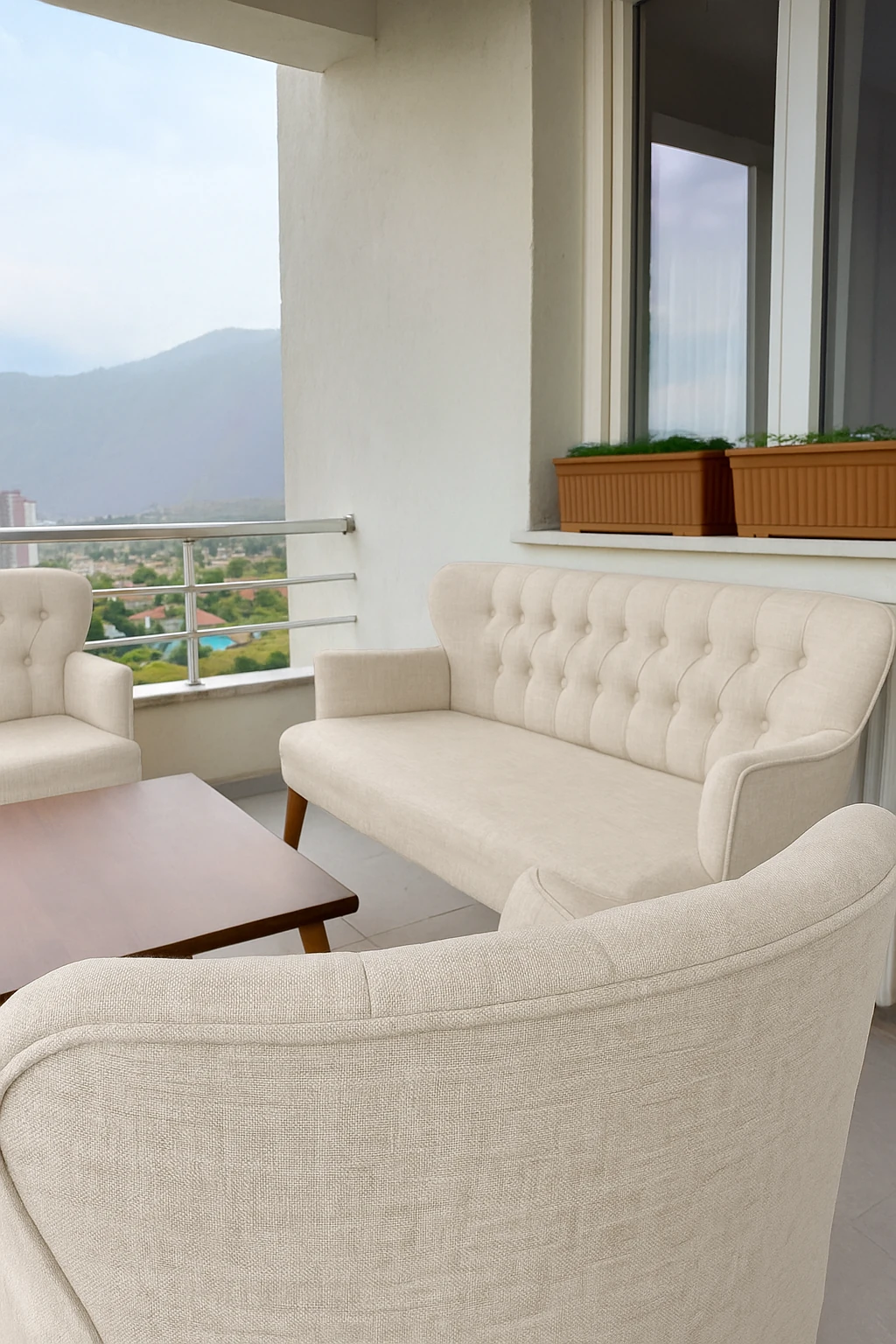 Çay Seti Koltuk Takımı - Keten Kumaş - Modern 2+1+1 - Krem