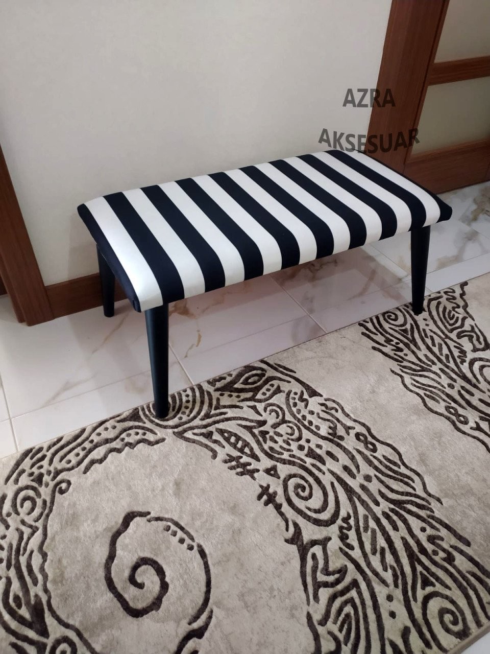 Bench - Puf - Bank - Ahşap Ayaklı - Ahşap Bench - Çift Kişilik Puf - Zebra Desen