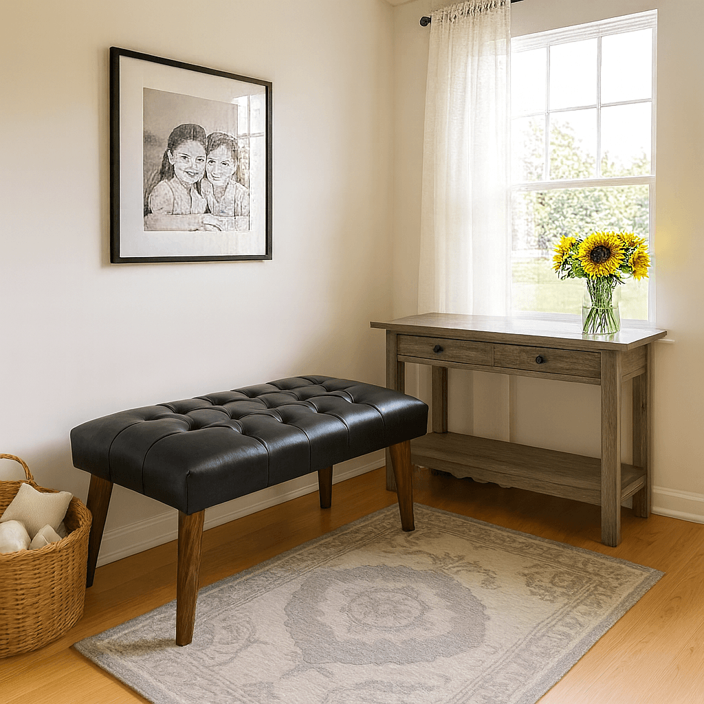 Azra Mobilya Deri Kapitone Bank | 90x45 cm Modern Bench Oturma Pufu - Siyah