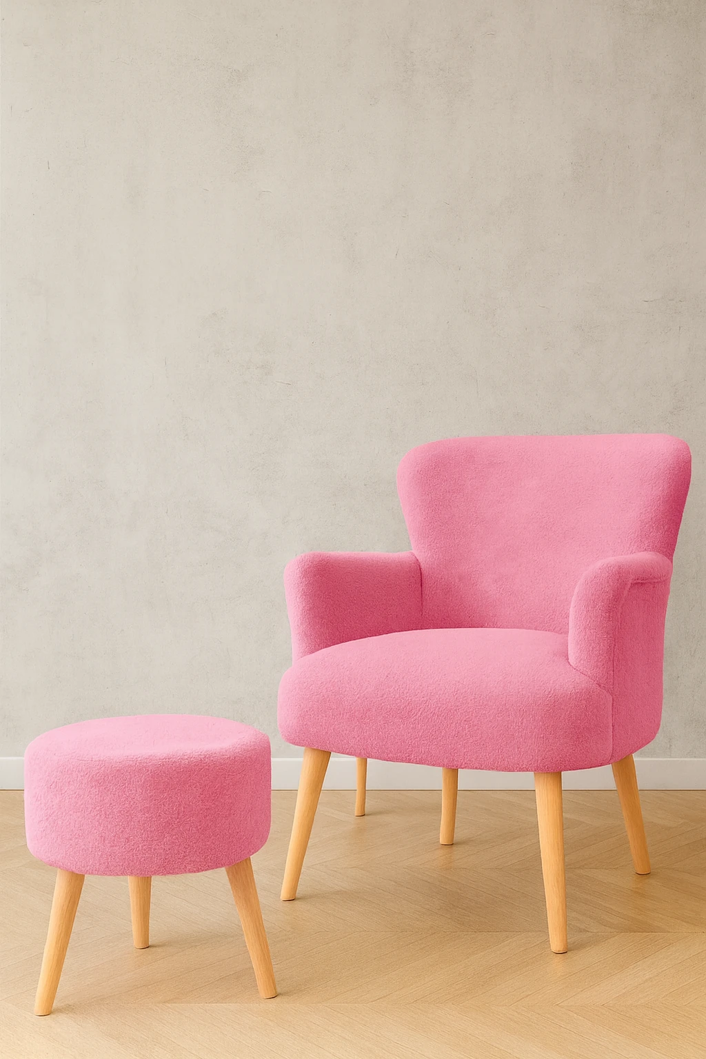 Roma Berjer + Puf Set - Welsoft Yumuşak Kumaş - Ahşap Ayak - Pembe