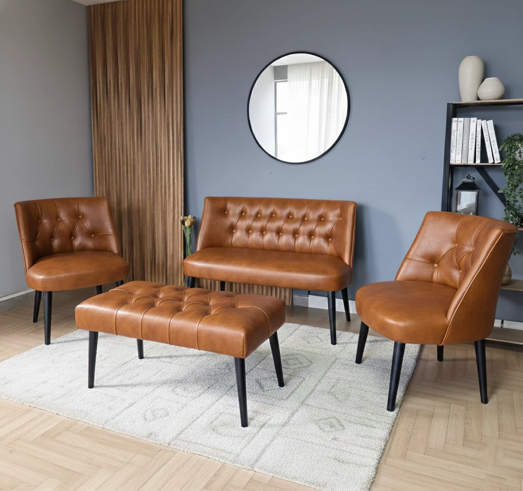 Milano Çay Seti Koltuk Takımı - Ofis Takımı - Deri Kumaş - 2+1+1+Bench - Taba