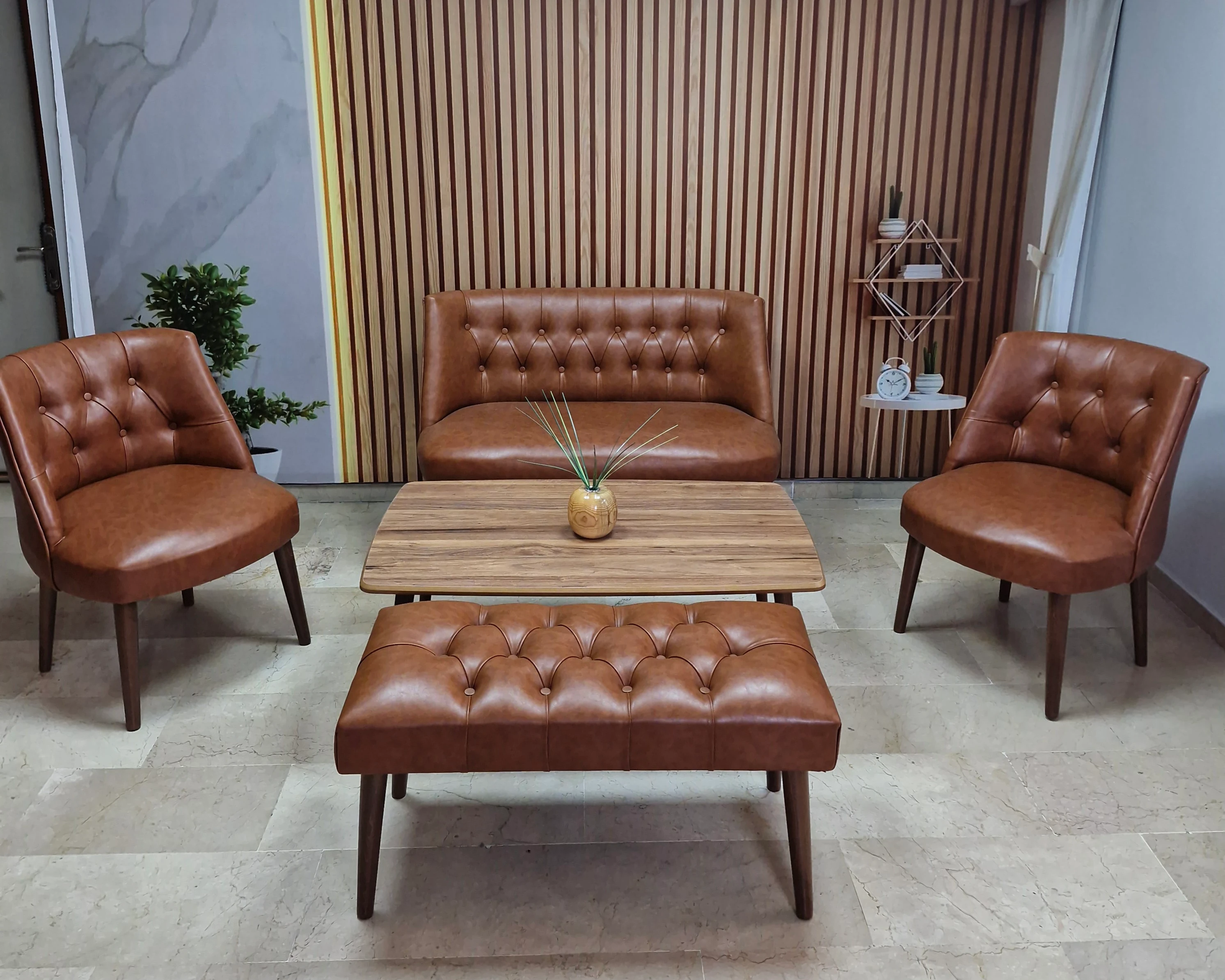 Milano Çay Seti Koltuk Takımı - Ofis Takımı - Deri Kumaş - 2+1+1+Bench+Sehpa | Taba