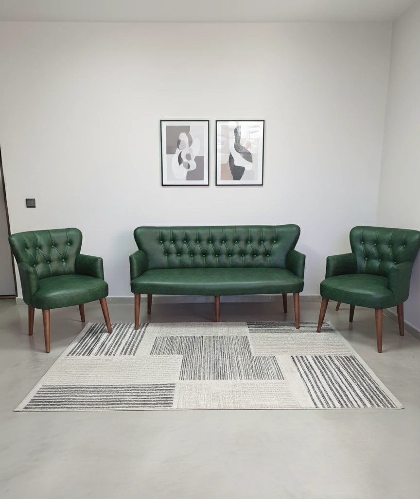 Modern Chester Tarzı 3’lü Çay Seti Koltuk Takımı 3+1+1 – Deri, Ahşap Ayaklı - Yeşil