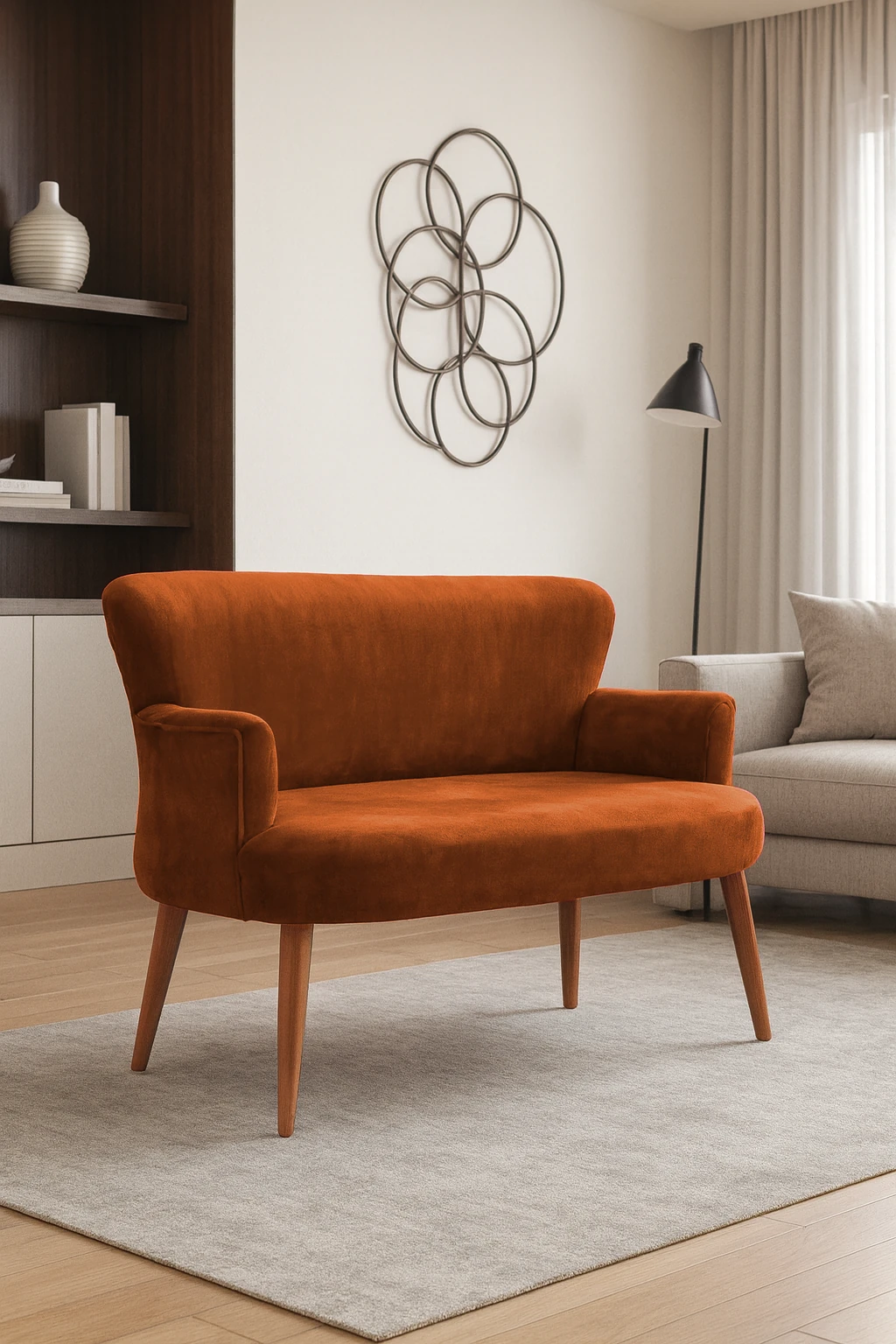 Roma Modern İkili Koltuk - Babyface Kumaş - Ahşap Ayak - Düğmesiz - Bakır