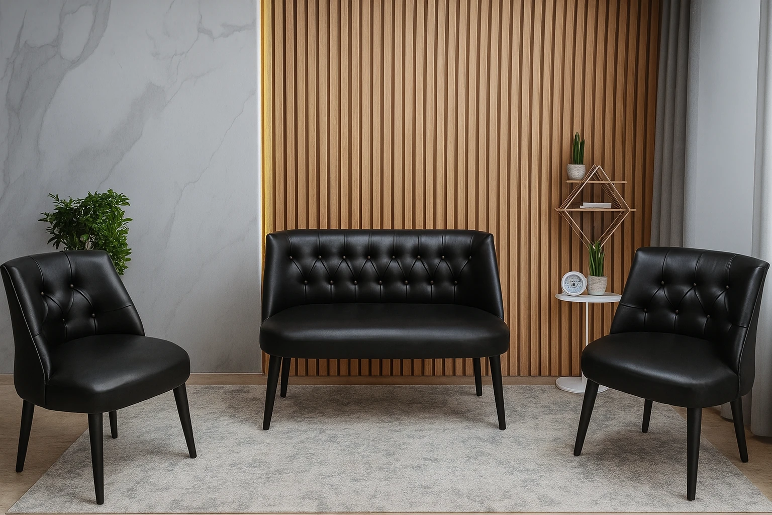 Milano Çay Seti Koltuk Takımı - Ofis Takımı - Deri Kumaş - 2+1+1 - Siyah