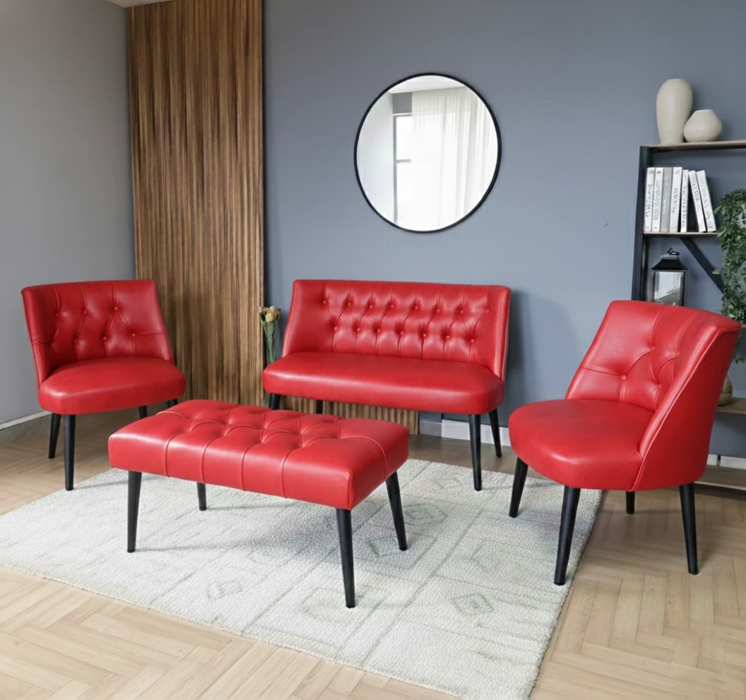 Milano Çay Seti Koltuk Takımı - Ofis Takımı - Deri Kumaş - 2+1+1+Bench - Kırmızı