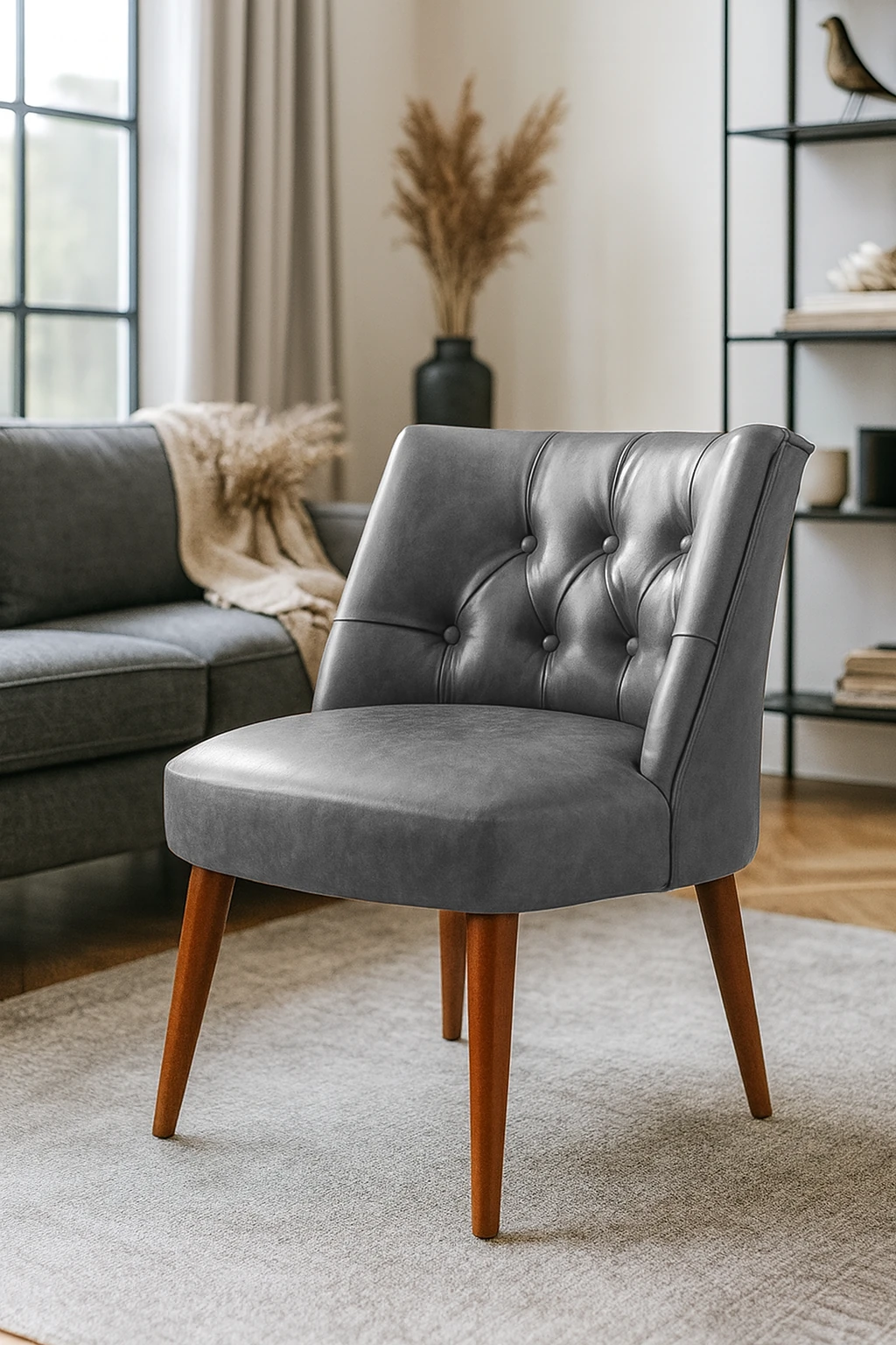 Modern Kolsuz Deri Berjer – Demonte Ahşap Ayaklı, Konforlu Oturma Koltuğu - Gri
