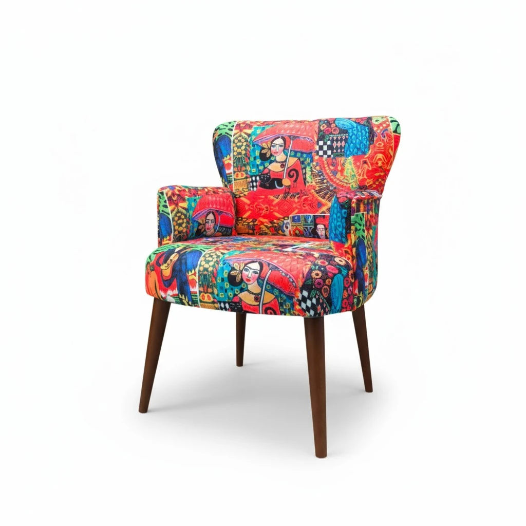 Roma Modern Tekli Koltuk Berjer - Dijital Baskılı Kumaş - Ahşap Ayak - Şemsiyeli Kız