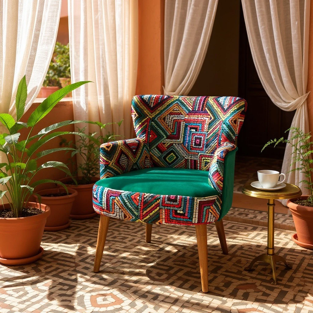 Roma Renkli Desen Modern Tasarım Dijital Baskılı Babyface Kumaş Berjer  Koltuk - Yeşil