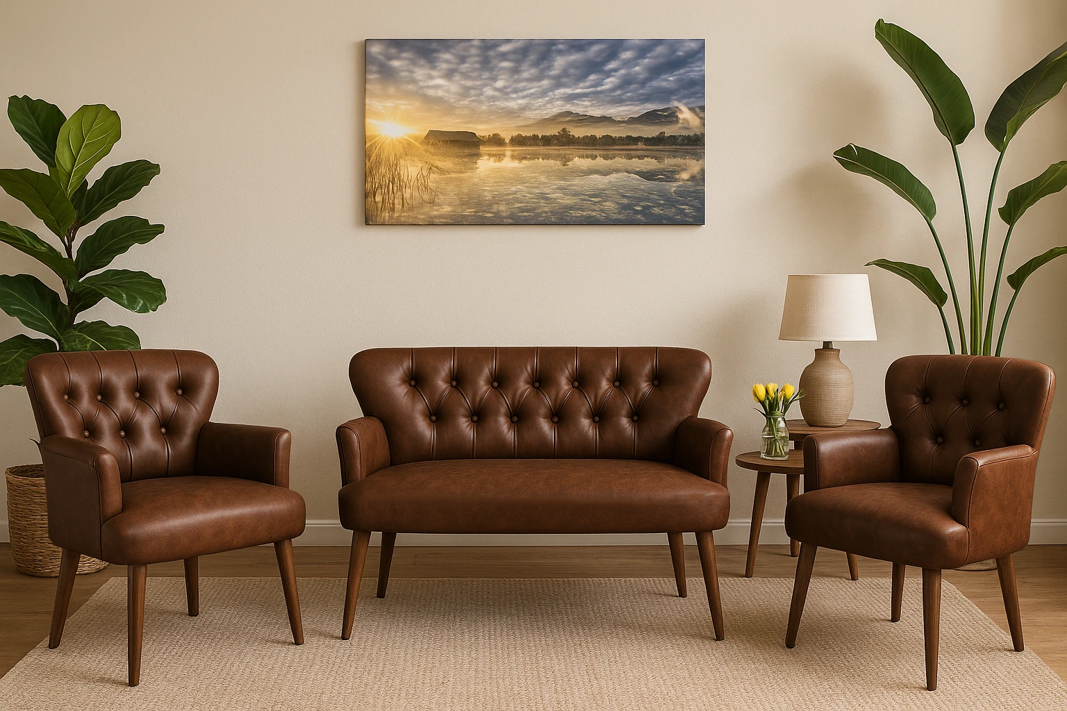 Modern Chester Tarzı 3’lü Çay Seti Koltuk Takımı 2+1+1 – Deri, Ahşap Ayaklı - Acı Kahve