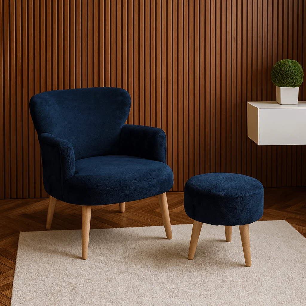 Roma Berjer + Puf Set - Welsoft Yumuşak Kumaş - Ahşap Ayak - Lacivert