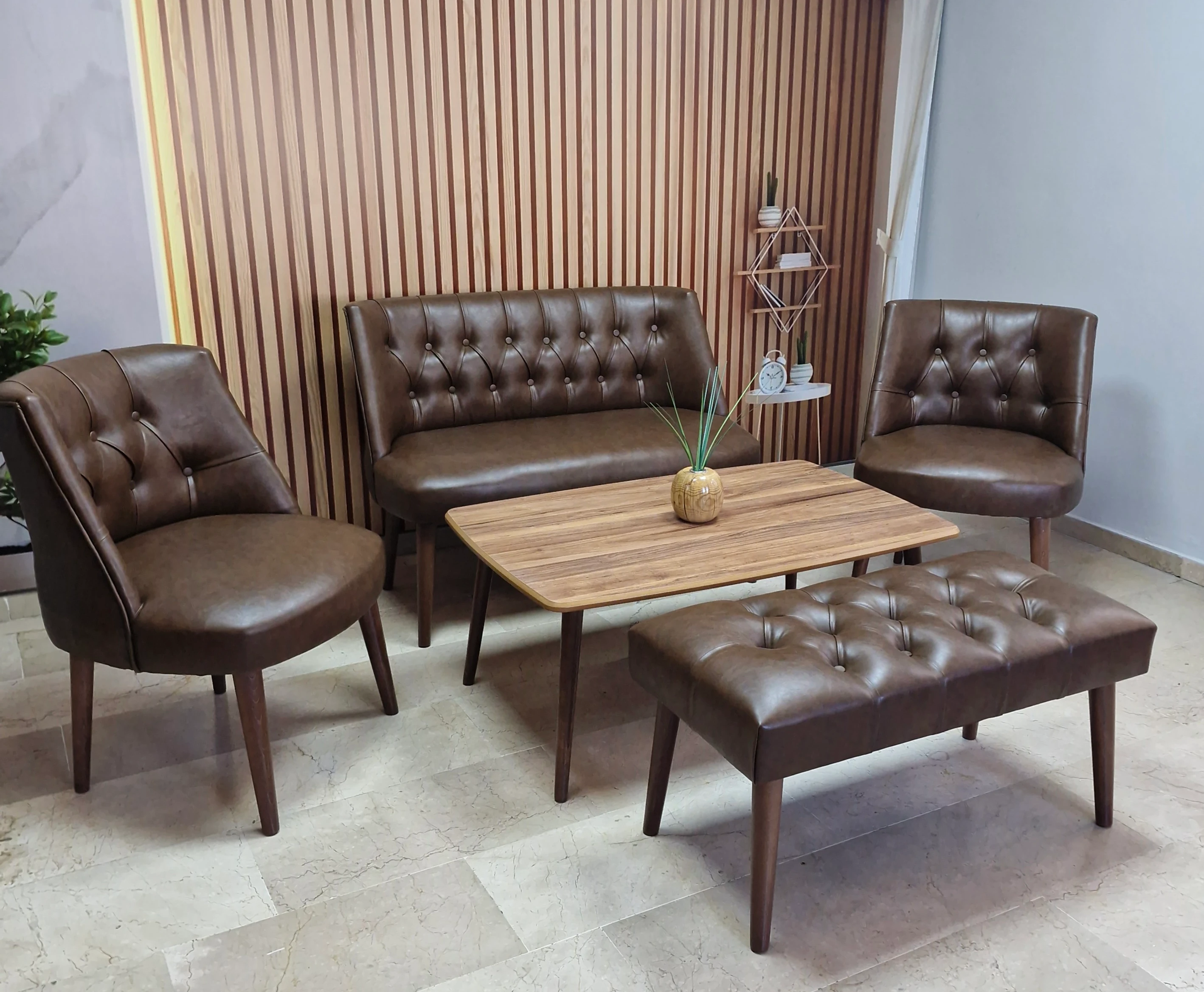 Milano Çay Seti Koltuk Takımı - Ofis Takımı - Deri Kumaş - 2+1+1+Bench+Sehpa | Acı Kahve