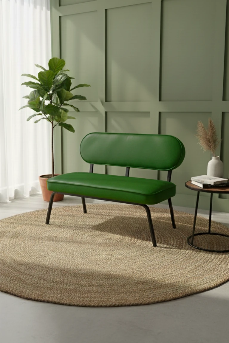 Luna Model İkili Koltuk – Modern Tasarım, Deri Döşeme, Metal Ayak - Yeşil