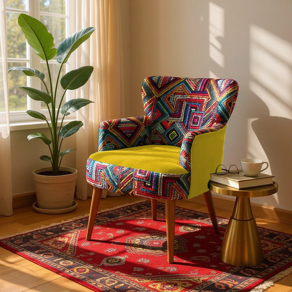 Roma Renkli Desen Modern Tasarım Dijital Baskılı Babyface Kumaş Berjer  Koltuk - Sarı