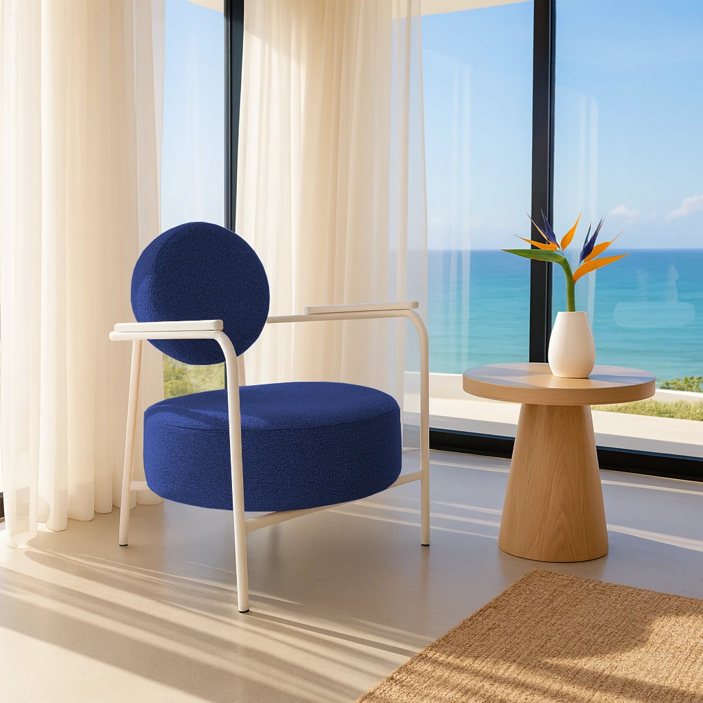 Venüs Beyaz - Soft Kumaş - Modern Beyaz Metal Berjer Koltuk – Mavi