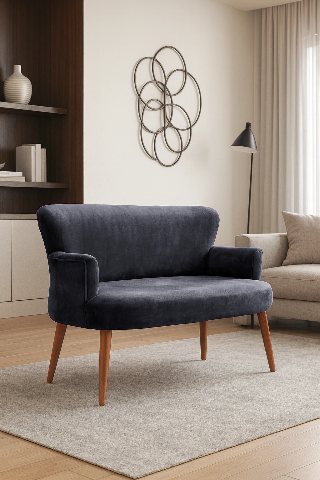 Roma Modern İkili Koltuk - Babyface Kumaş - Ahşap Ayak - Düğmesiz - Antrasit