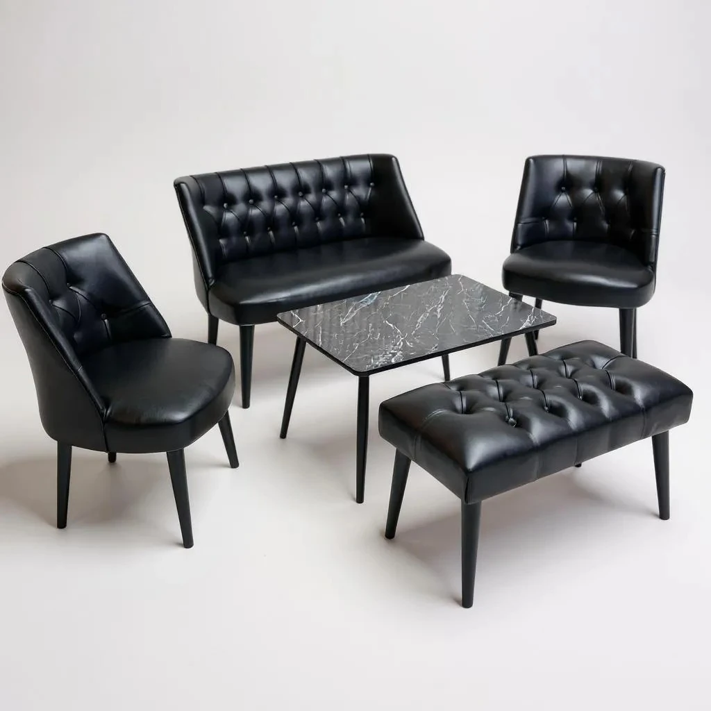 Milano Çay Seti Koltuk Takımı - Ofis Takımı - Deri Kumaş - 2+1+1+Bench+Sehpa | Siyah