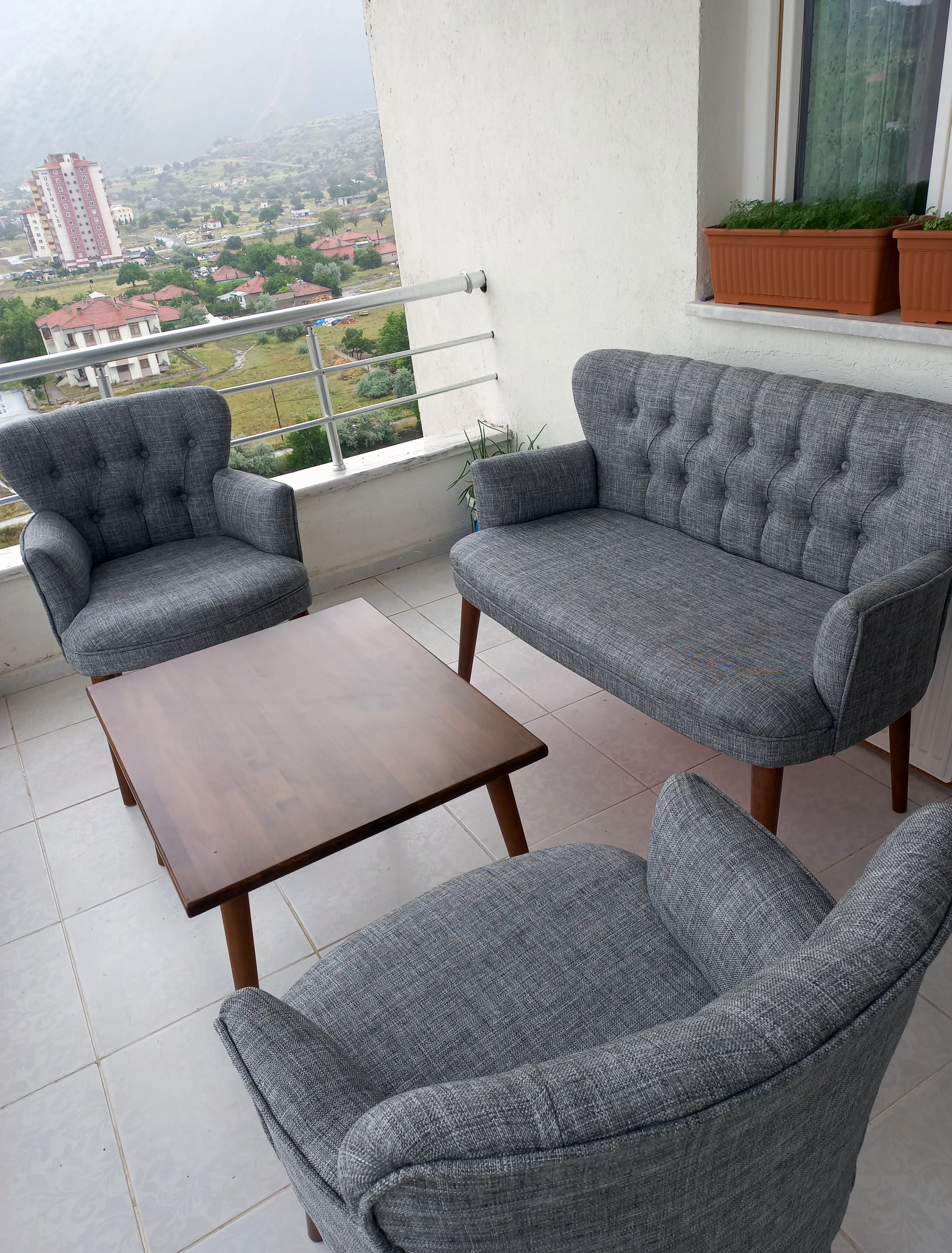 Çay Seti Koltuk Takımı - Keten Kumaş - Modern 2+1+1 - Açık Gri