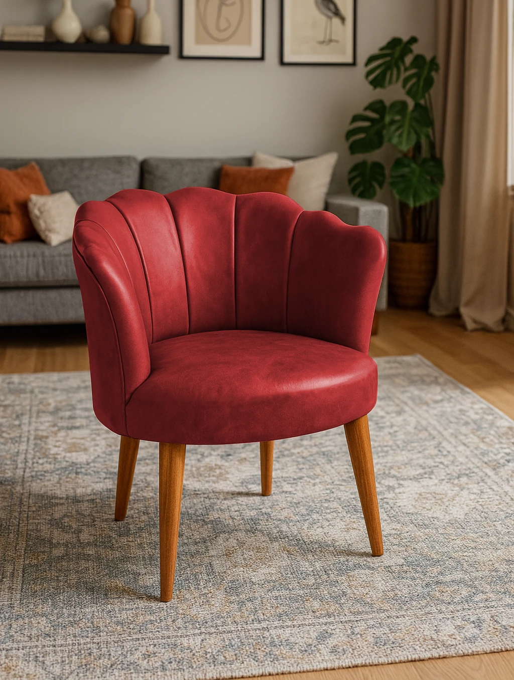 Papatya Deri Kumaş Modern Berjer Koltuk - Kırmızı