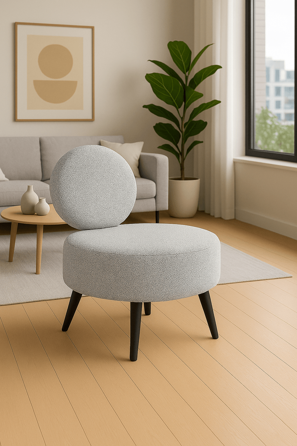 Dünya Model Modern Yuvarlak Sırtlı Berjer – Ceviz Ayak, Buklet Kumaş - Krem / Beyaz