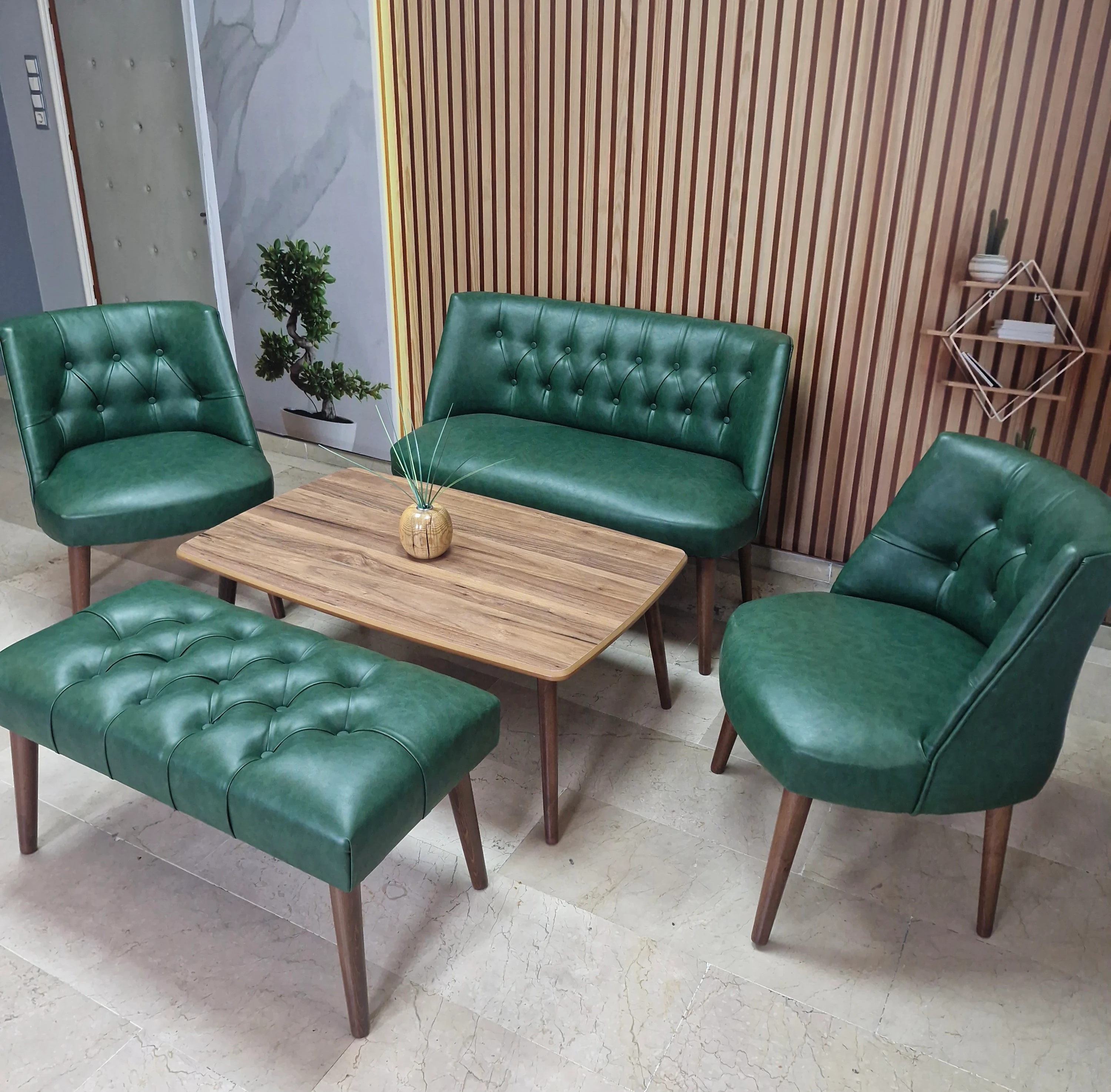 Milano Çay Seti Koltuk Takımı - Ofis Takımı - Deri Kumaş - 2+1+1+Bench+Sehpa | Yeşil