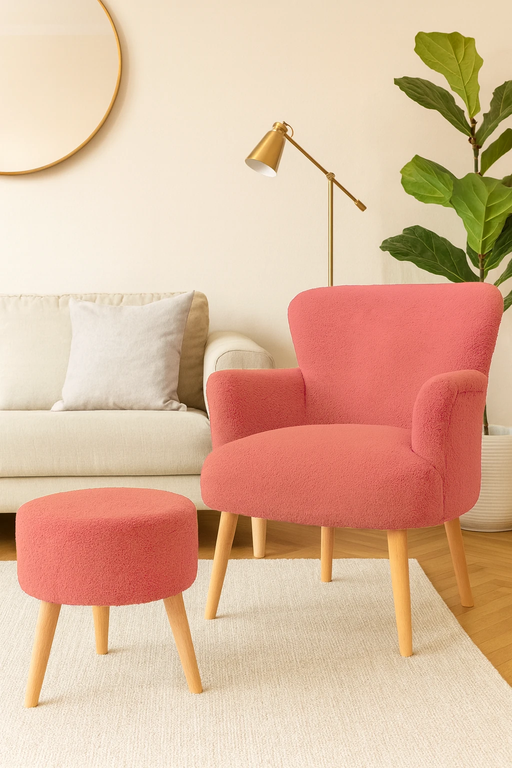 Roma Berjer + Puf Set - Welsoft Yumuşak Kumaş - Ahşap Ayak - Somon