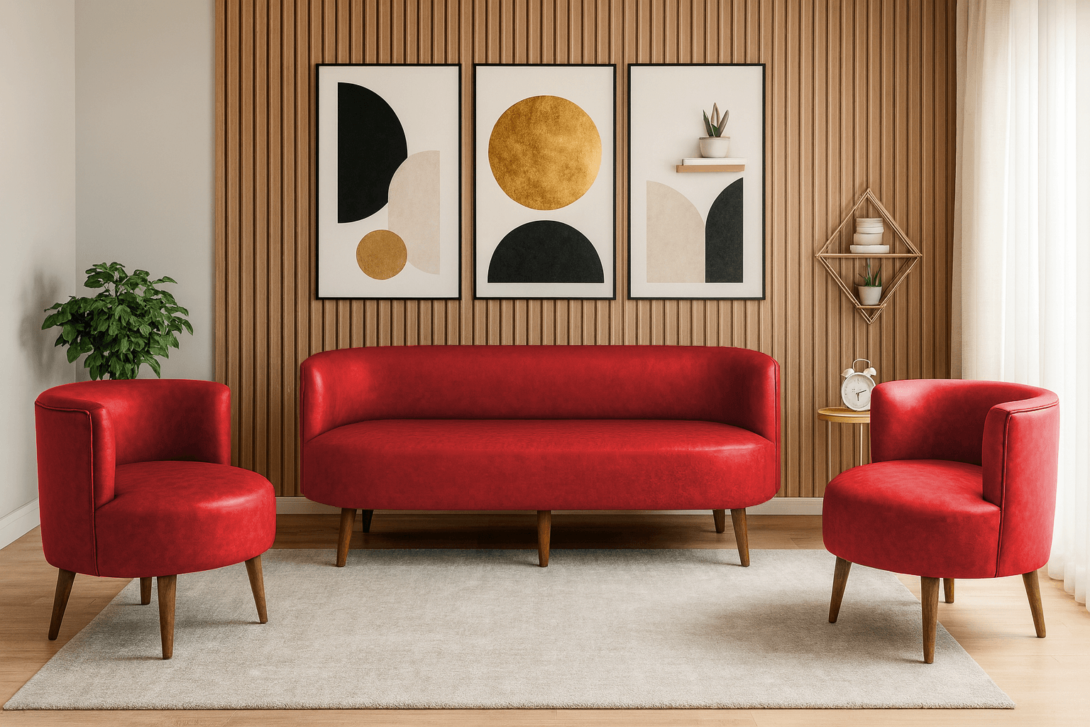 Sydney Modern Koltuk Takımı 3+1+1 | Deri Kumaş | Ahşap Ayak | Ofis ve Ev Kullanımı | Kırmızı