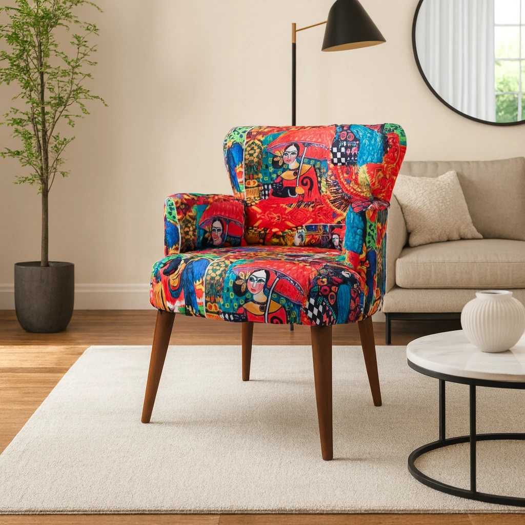 Roma Modern Tekli Koltuk Berjer - Dijital Baskılı Kumaş - Ahşap Ayak - Şemsiyeli Kız