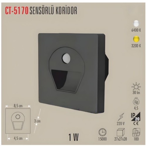 Cata Ct-5170SB 1W Sensörlü Ledli Koridor Armatürü Siyah Kasa Beyaz