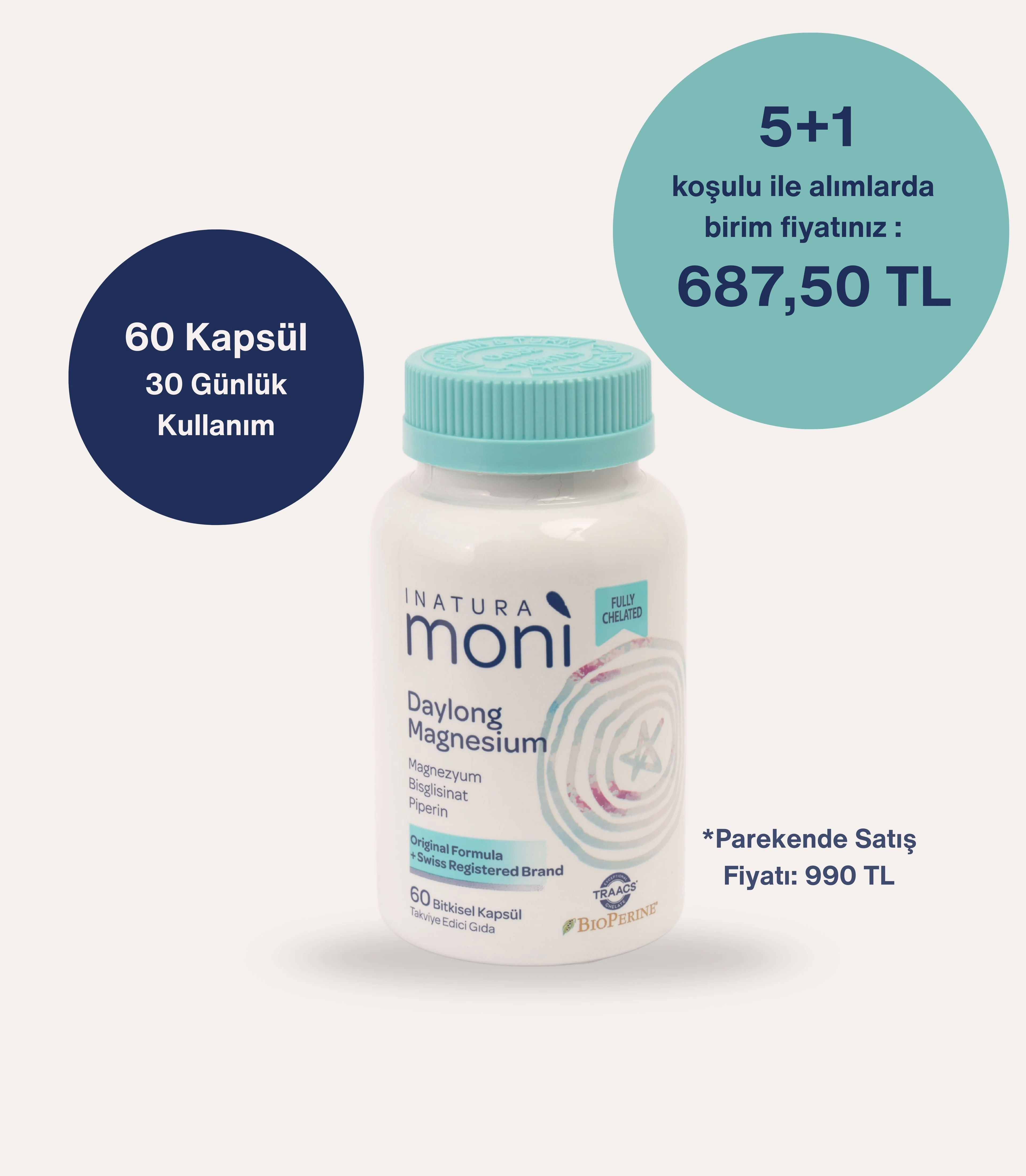 5+1 Daylong Magnesium Magnezyum Bisglisinat %100 şelat, Magnezyum Sitrat, B6 (P5P), Piperin 60 Vegan Kapsül