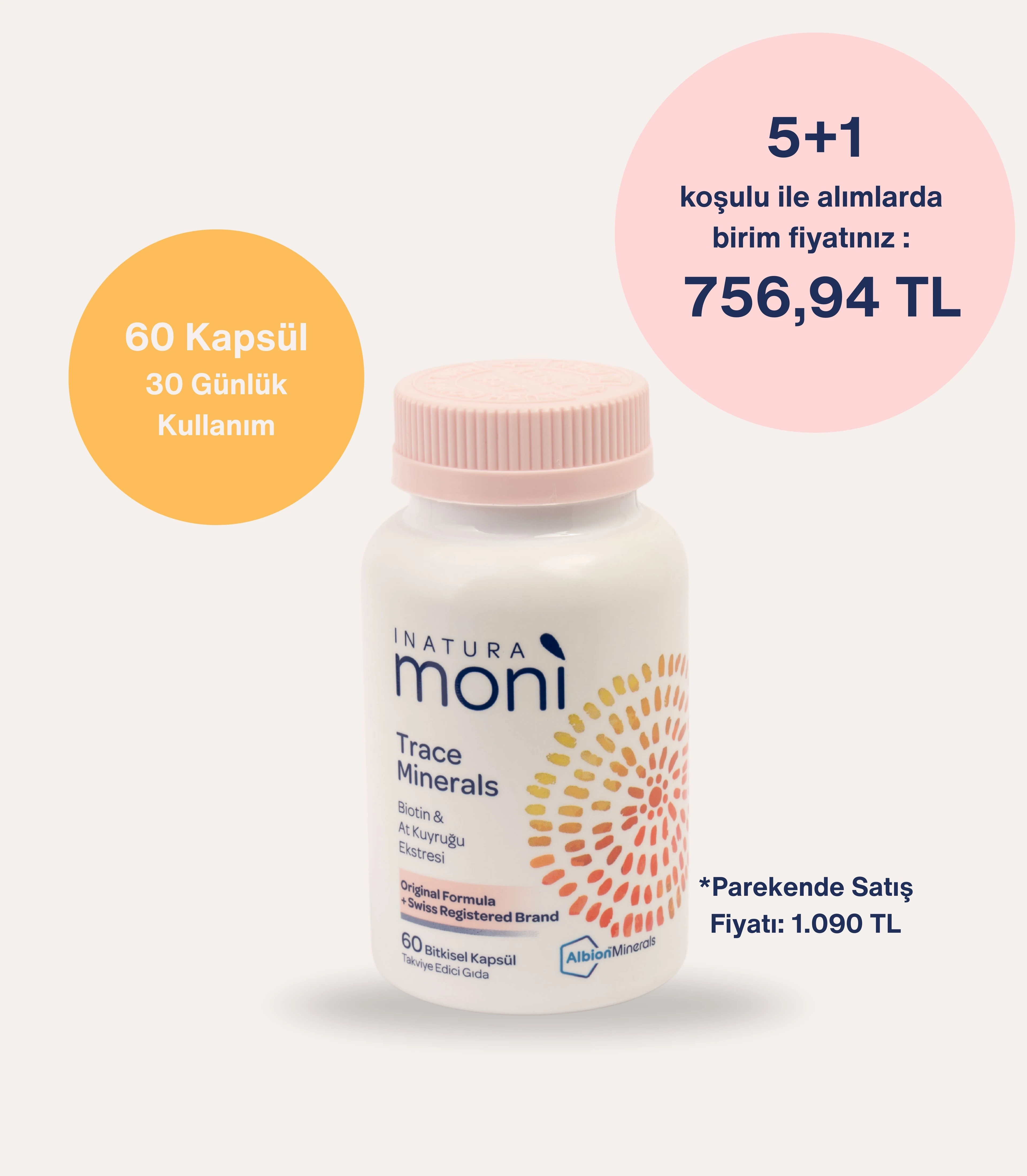 5+1 MF Trace Minerals 8 Mineral Kompleks, Biotin ve At Kuyruğu Bitki Ekstresi 60 Vegan Kapsül