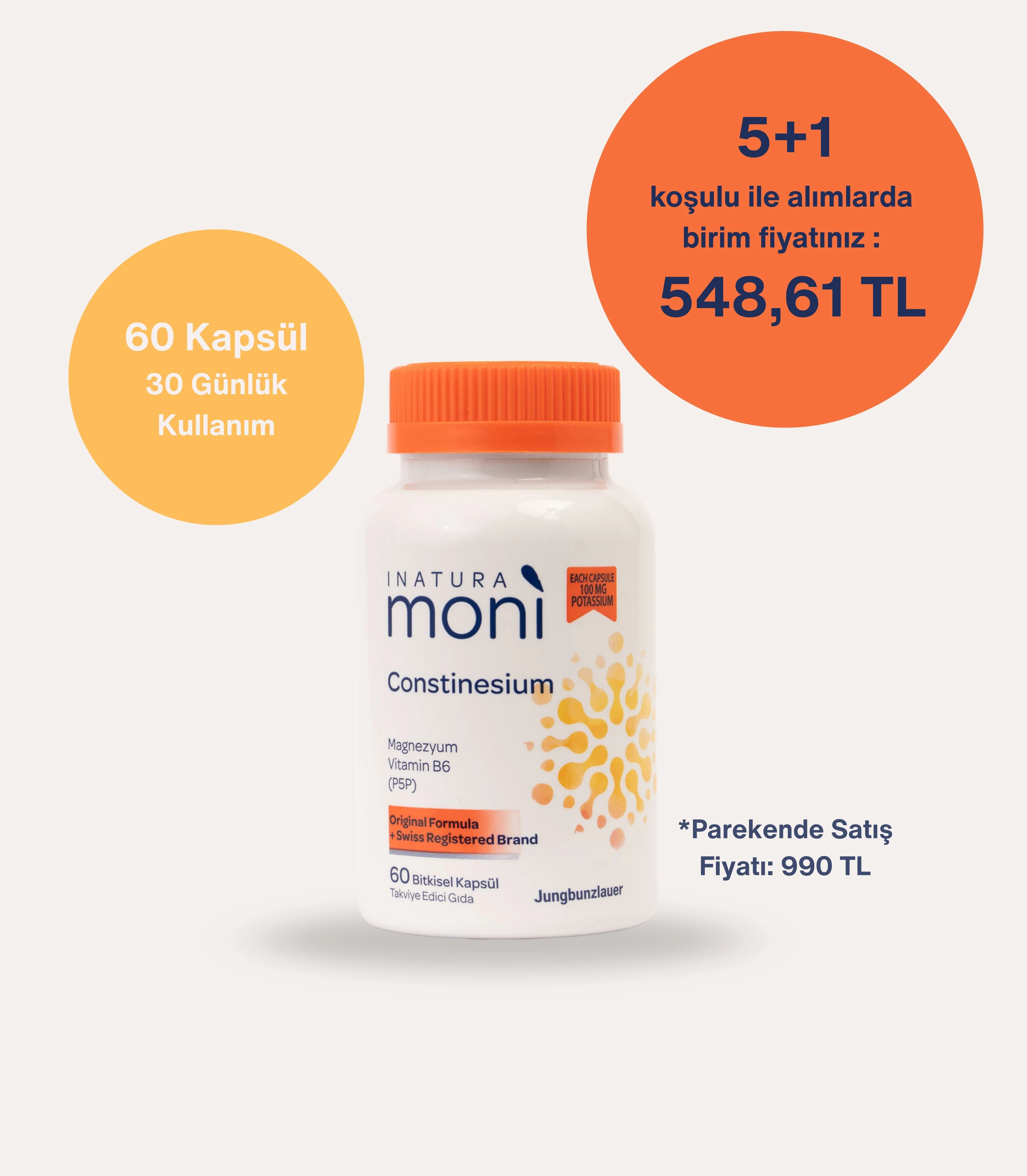 5+1 Constinesium Magnezyum Sitrat, Potasyum Sitrat, Magnezyum Oksit, B6 (P5P) 60 Vegan Kapsül