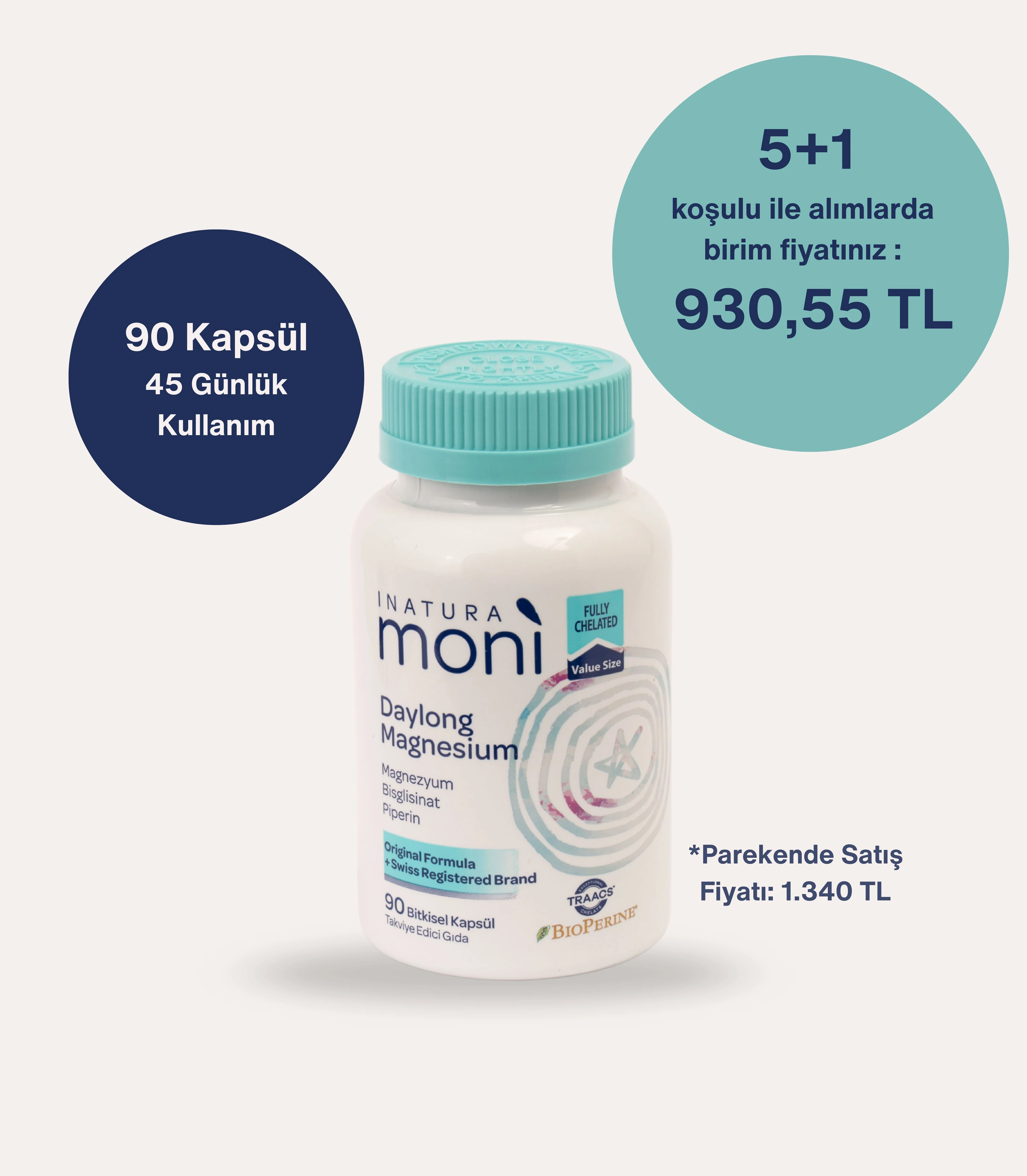 5+1 Daylong Magnesium Magnezyum Bisglisinat %100 şelat, Magnezyum Sitrat, B6 (P5P), Piperin 90 Vegan Kapsül