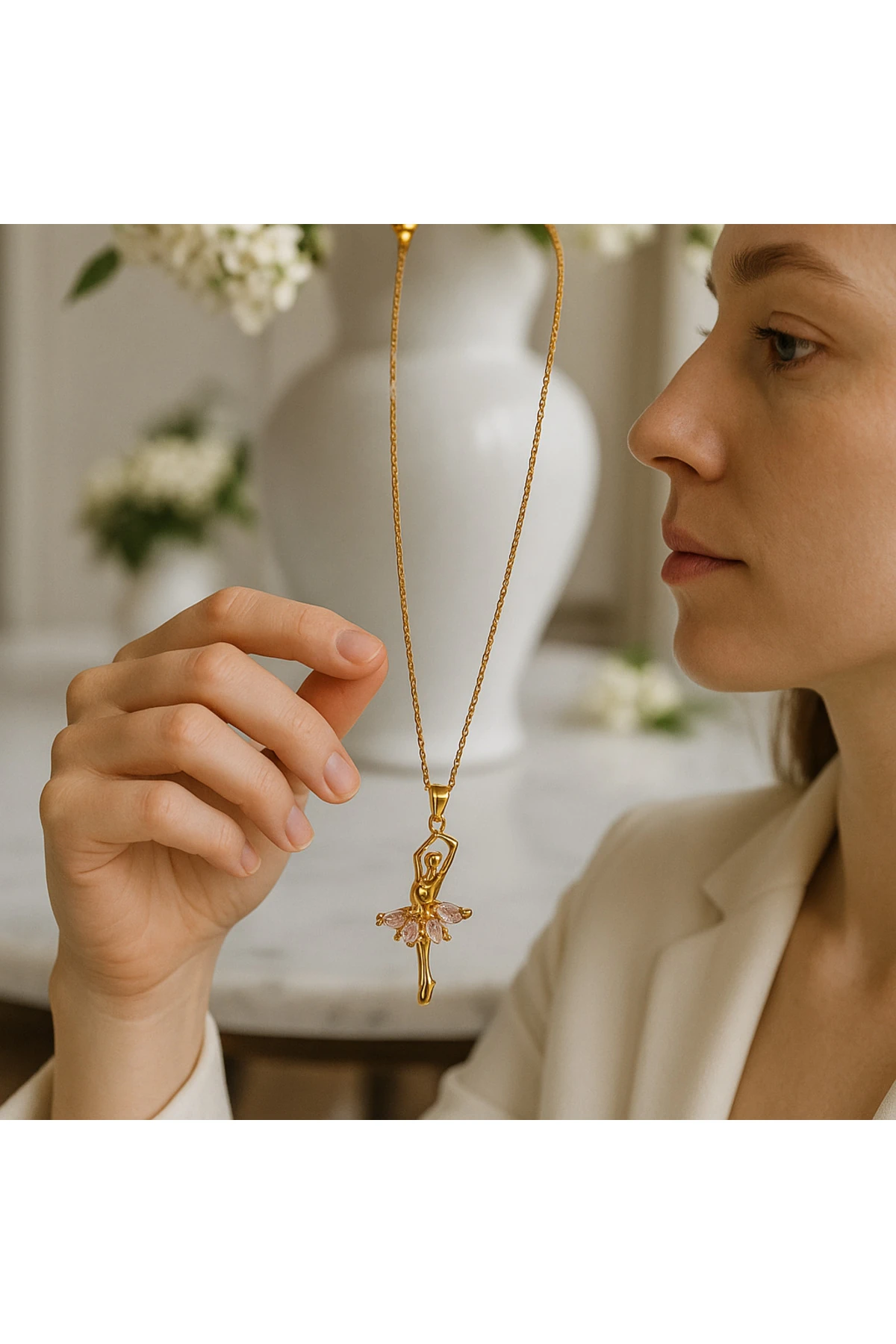 Altın Kaplama Kararmaz Çelik Balerin Kolye – Pembe Taşlı Model