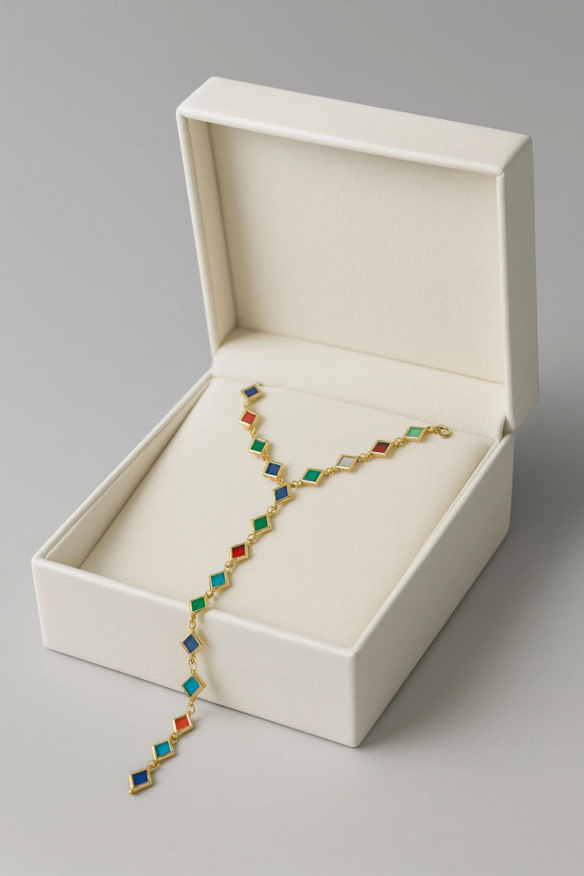 Renkli Taşlı Kare Motifli Paslanmaz Çelik Y Kolye – Minimal & Şık