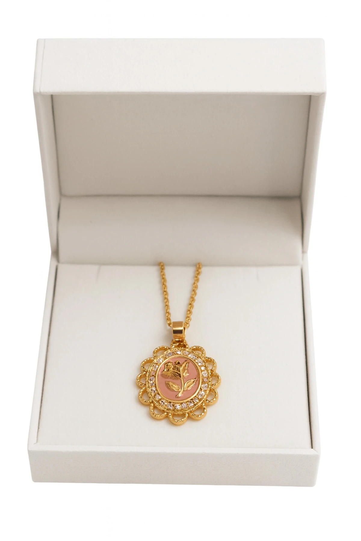 Altın Kaplama Beyaz Mineli Çelik Gül Kolye – Zarif Dokunuş