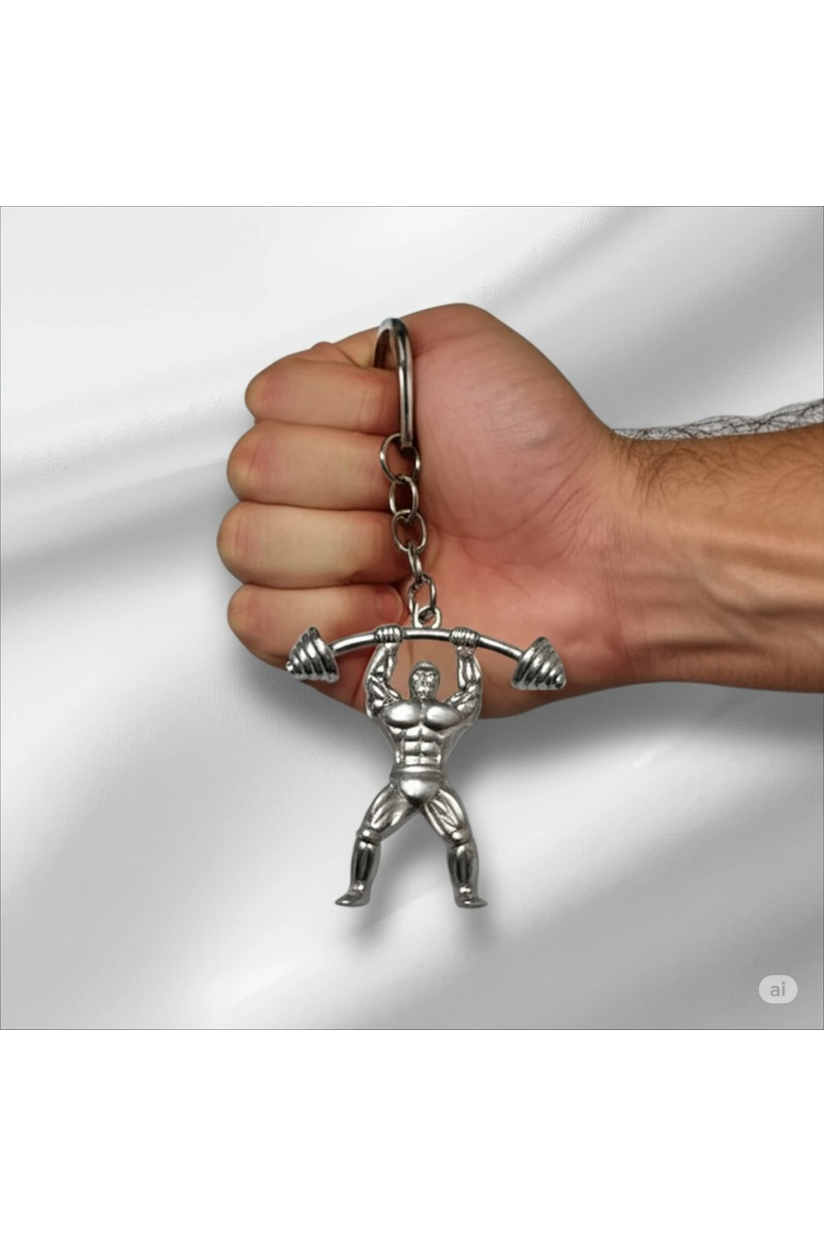 Metal Gümüş Renk Halterci Anahtarlık – Sporcu ve Fitness Severler İçin Hediyelik