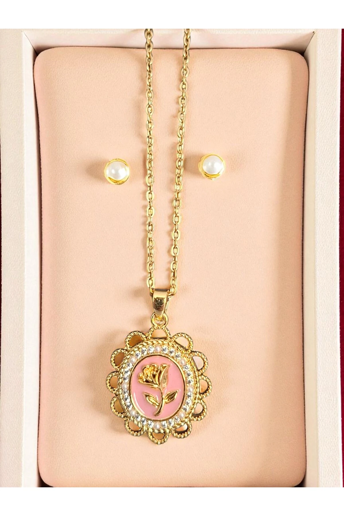 Altın Kaplama Beyaz Mineli Çelik Gül Kolye – Zarif Dokunuş