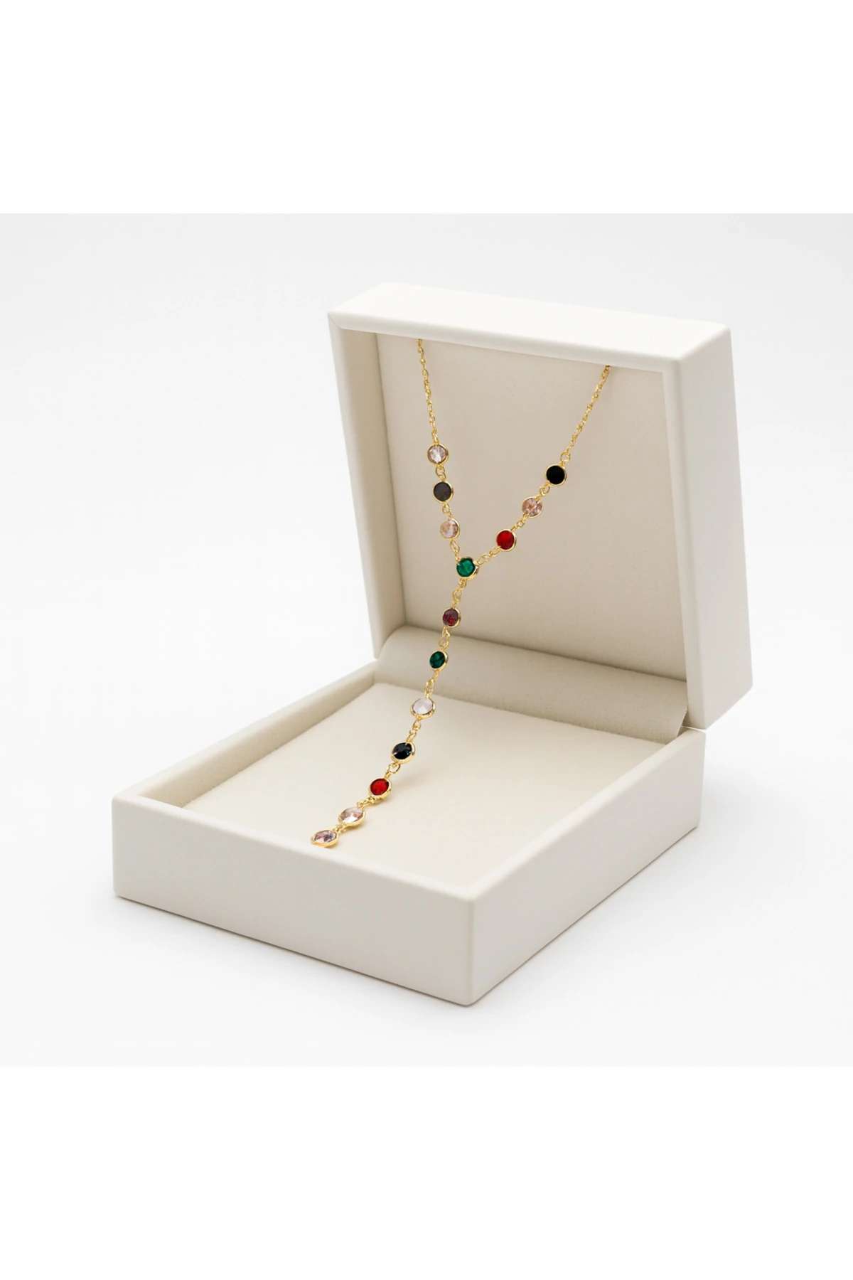 Renkli Taşlı Yuvarlak Motifli Çelik Y Kolye – Minimal & Şık