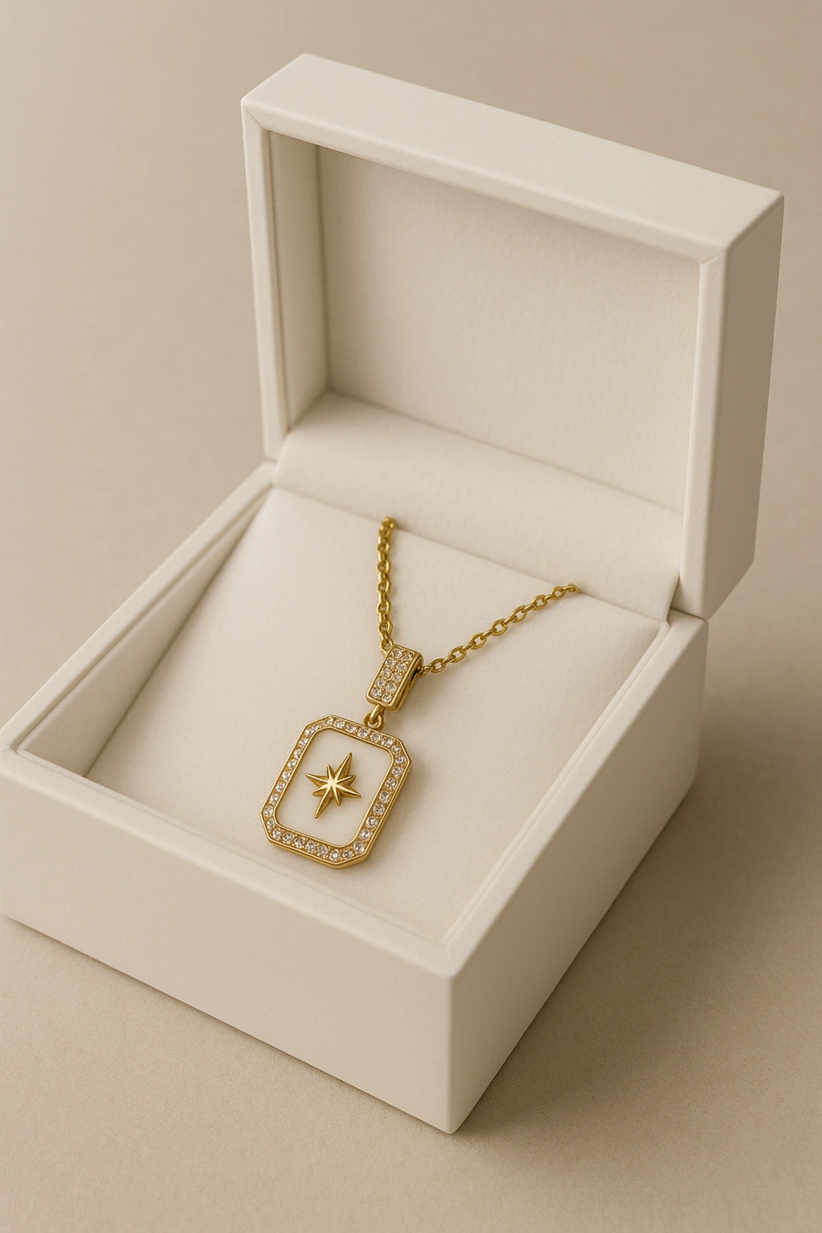 Altın Kaplama Beyaz Mineli Kuzey Yıldızı Çelik Kolye – Kararmaz Şıklık