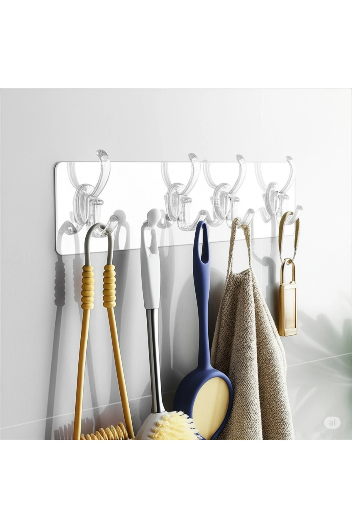 2 Adet Kendinden Yapışkanlı Güçlü Şeffaf 5’li Askılık – Mutfak, Banyo, Kapı Arkası ve Duvarlar İçin