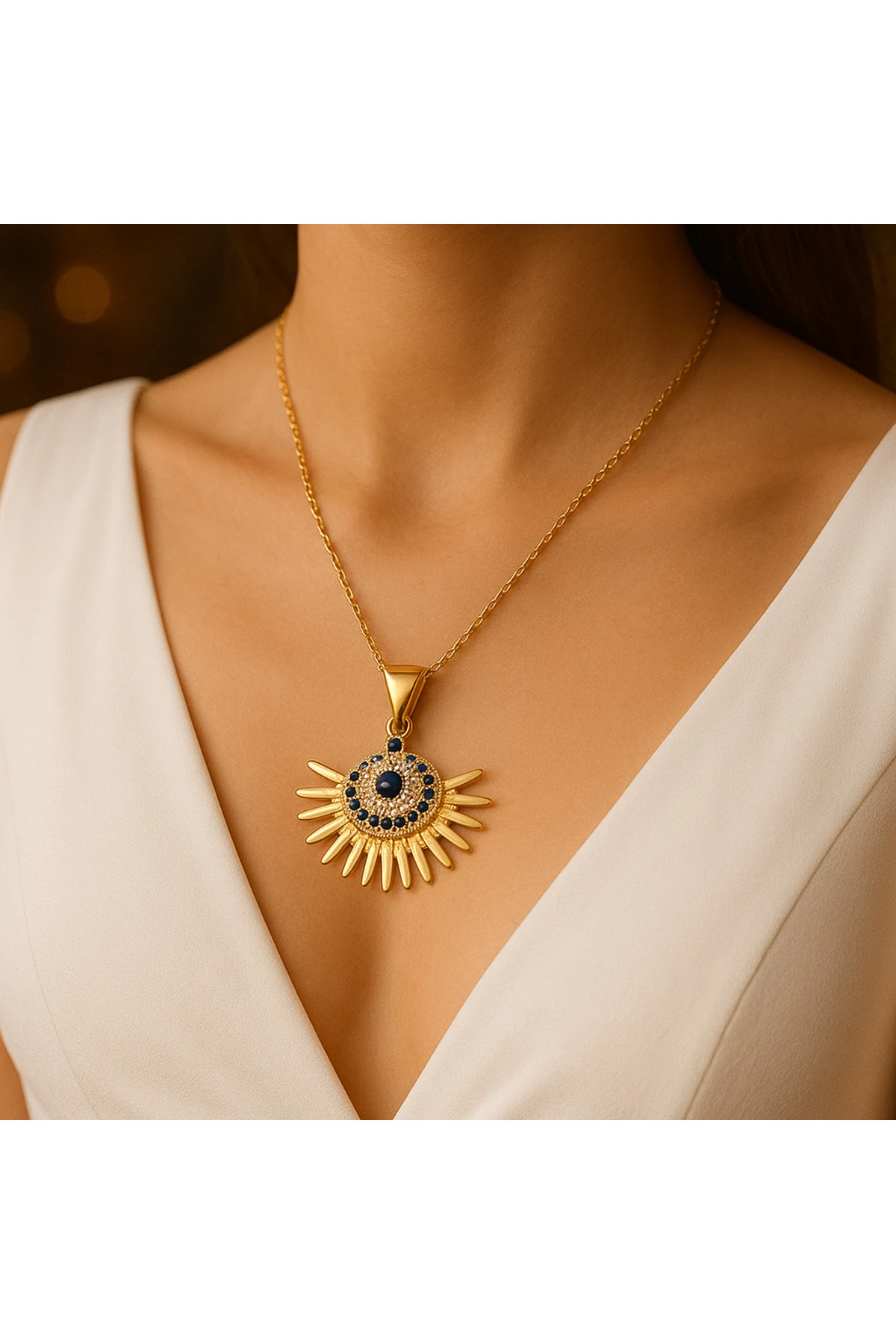 Altın Kaplama Göz ve Kirpik Figürlü Mavi Taşlı Çelik Kadın Kolye