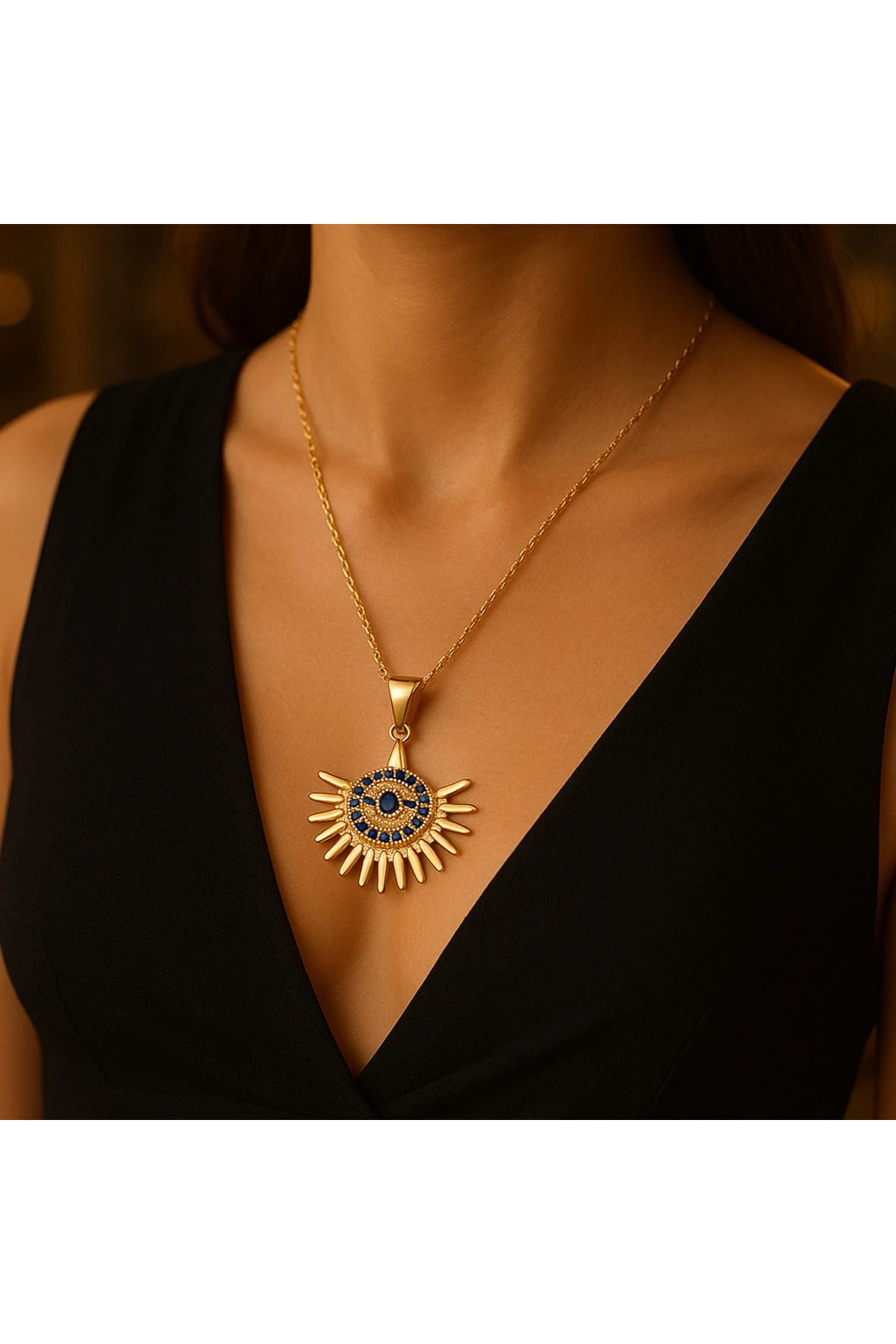 Altın Kaplama Göz ve Kirpik Figürlü Mavi Taşlı Çelik Kadın Kolye